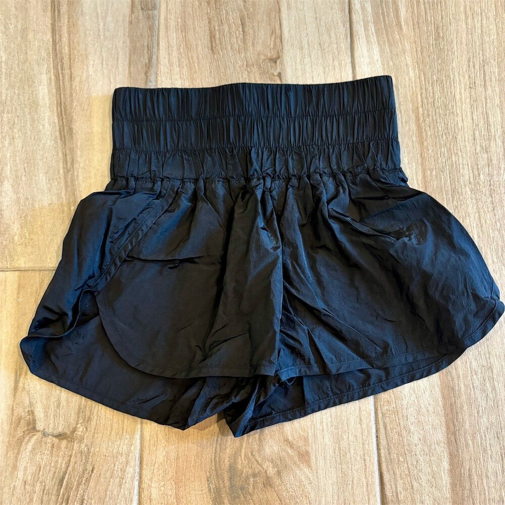FP Movement Black High Rise Smocked Waist Athletic Shorts w/ Liner